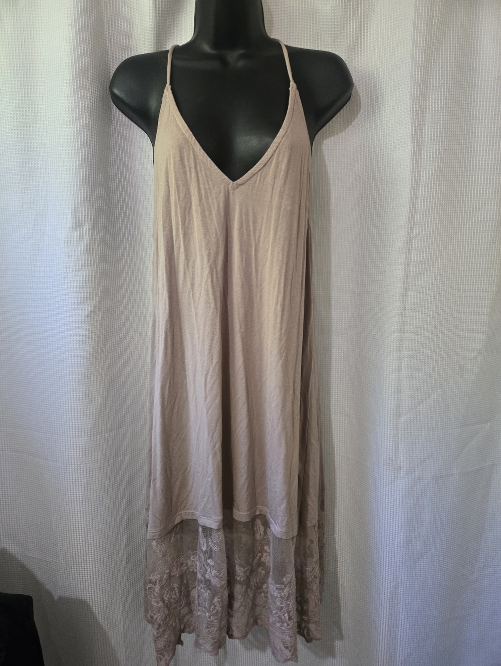 Lace-Hem Spaghetti Strap Slip Night Gown - Taupe